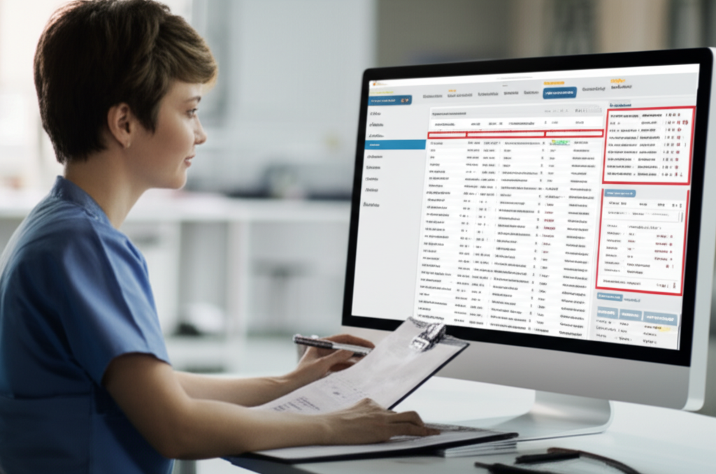 Healthcare worker managing AR and denials on computer system