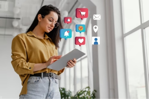 Woman using tablet with social media icons