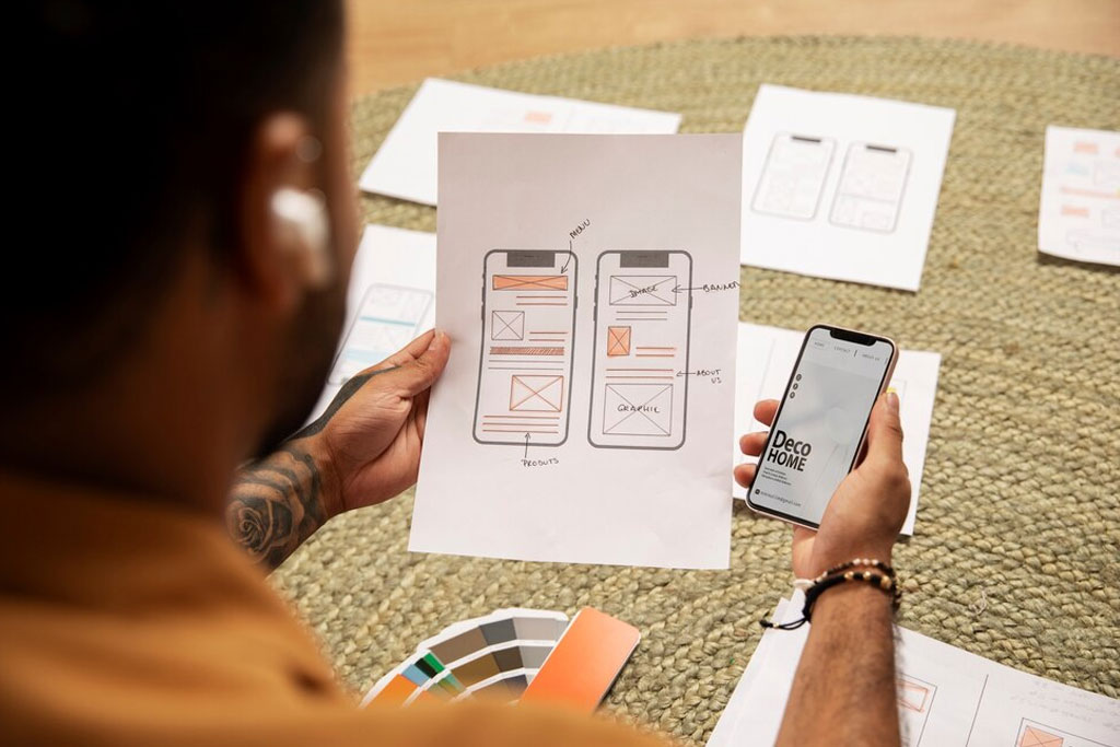 UI/UX design process with wireframes and mobile mockups