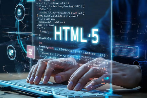 Web development with HTML5 coding on laptop